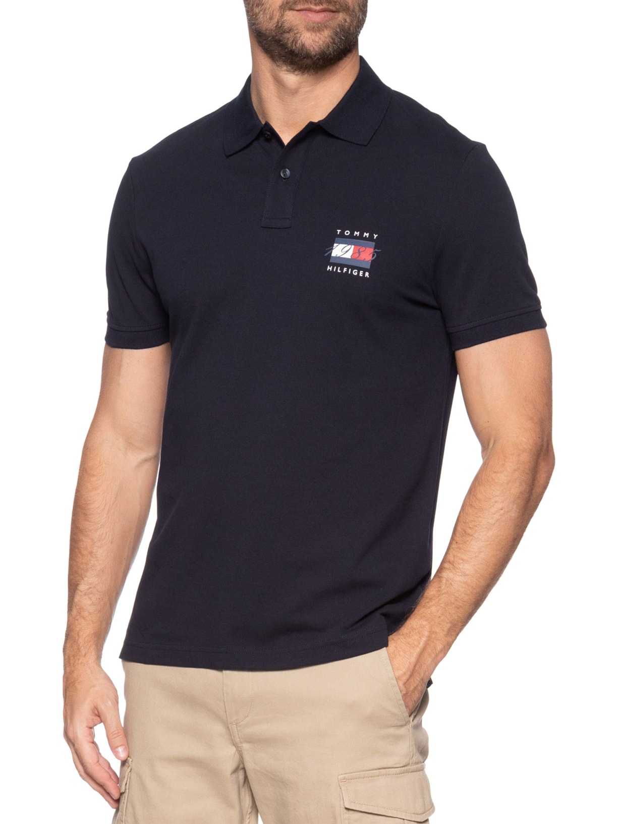 Polo Masculina Regular Fit Piquet Flag Azul Tommy Hilfiger