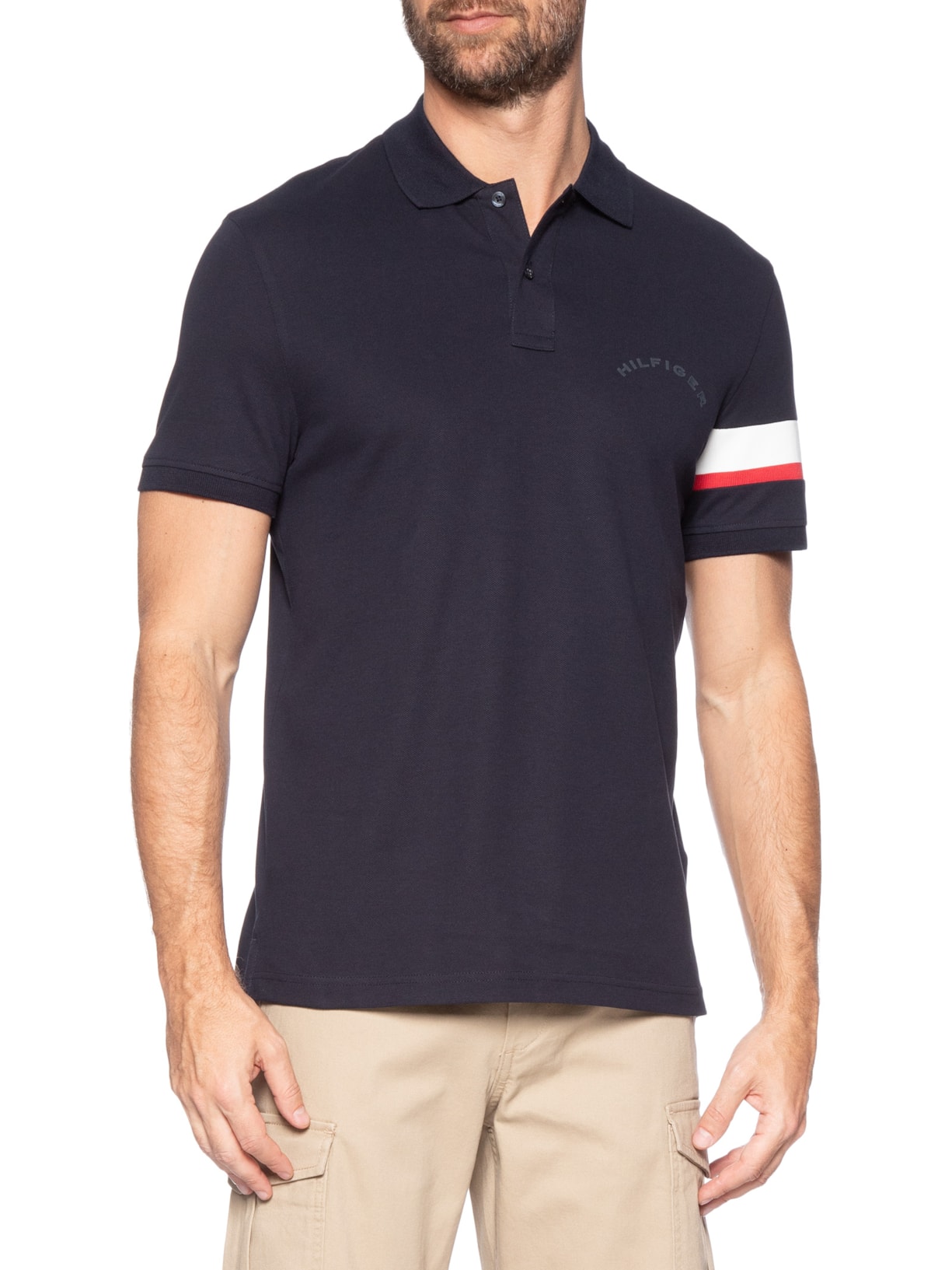 Polo Masculina Regular Fit Sleeve Tape Azul Tommy Hilfiger
