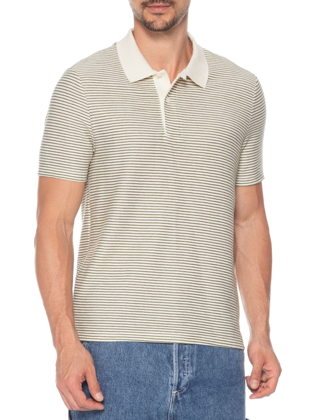 Polo Masculina Regular Fit Texturizada Listras Fio Tinto Off White Hering