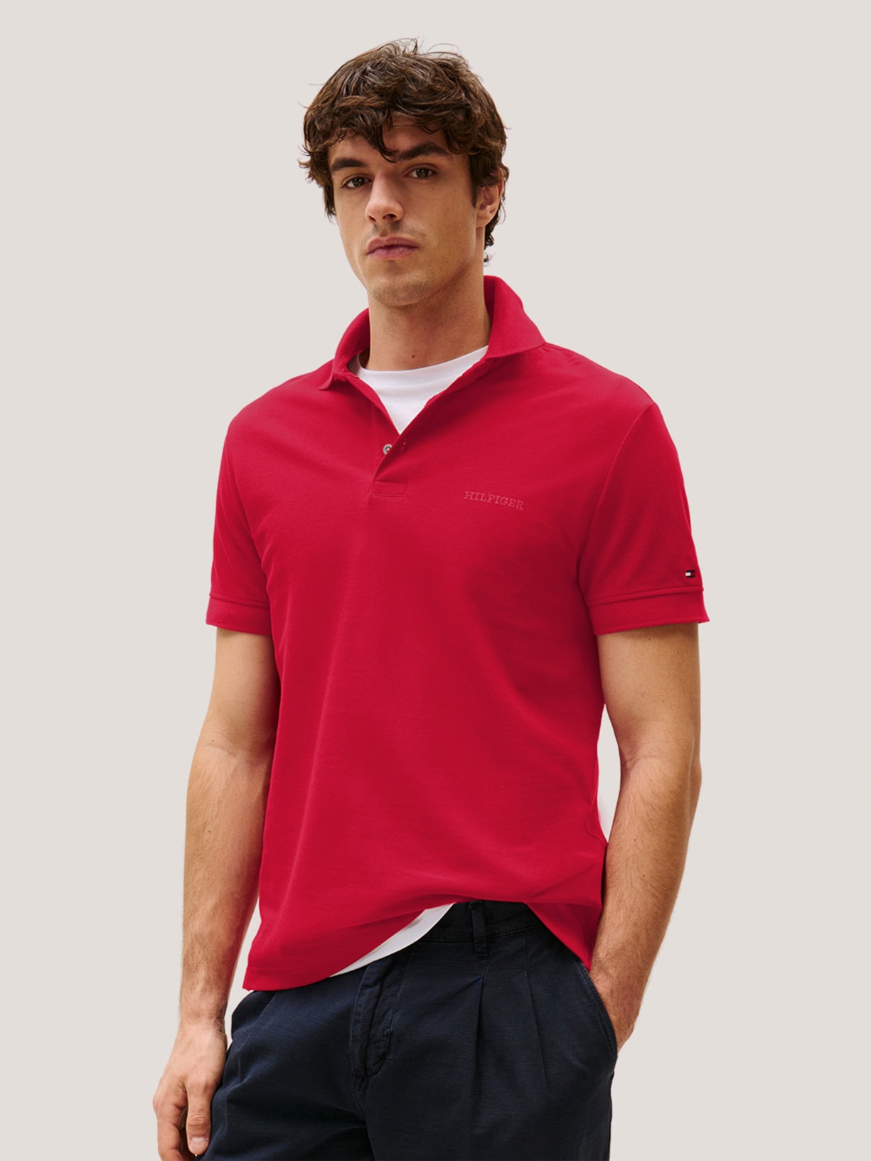 Polo Masculina Regular Fit Tonal Monotype Em Algodão Vermelho Tommy Hilfiger