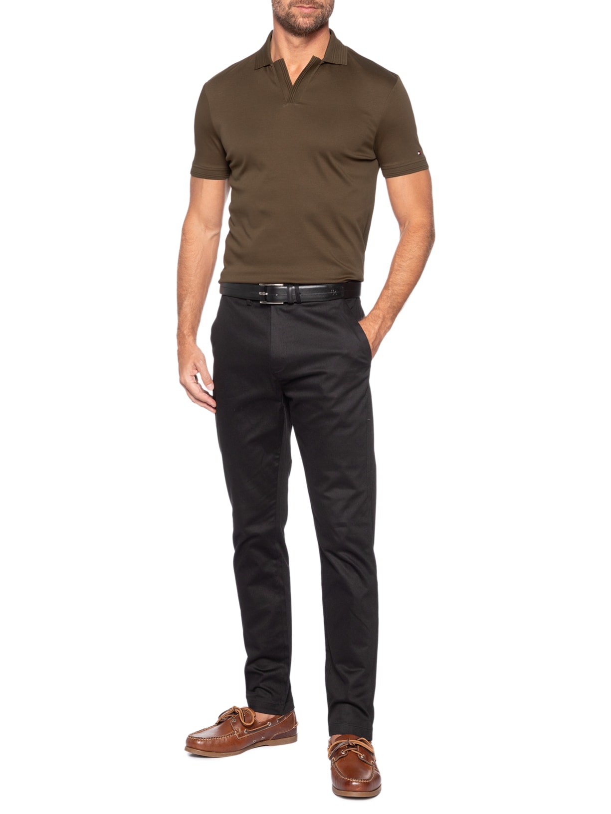 Polo Masculina Regular Fit V-Nk Interlock Marrom Tommy Hilfiger