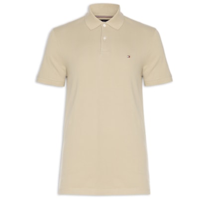 Polo Masculina Regular Fit Vertical Stripe Em Piquet De Algodão Orgânico - Bege