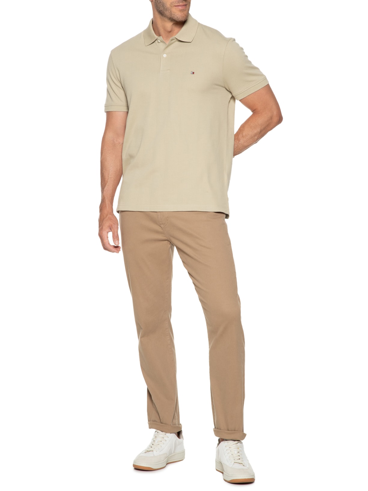 Polo Masculina Regular Fit Vertical Stripe Em Piquet De Algodão Orgânico Bege Tommy Hilfiger