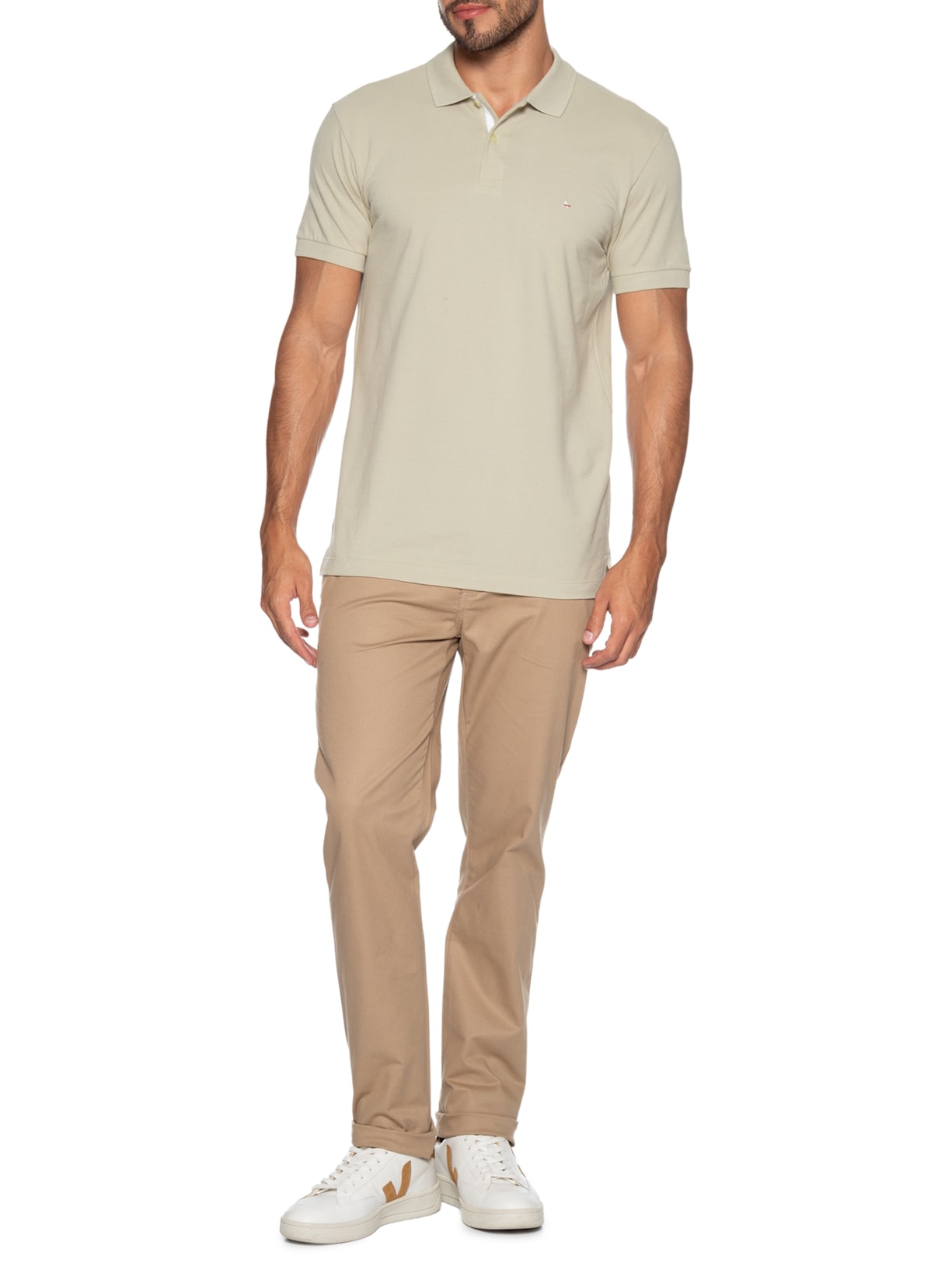 Polo Masculina Regular Fit Vista com Detalhe Interno Bege Aramis