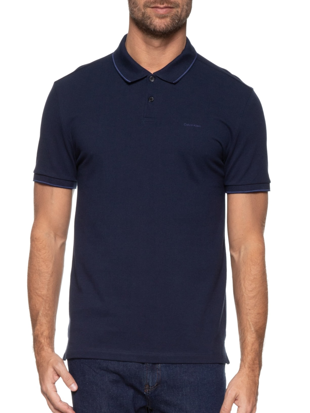 Polo Masculina Slim Fit Básica Com Friso Azul Calvin Klein - White Label
