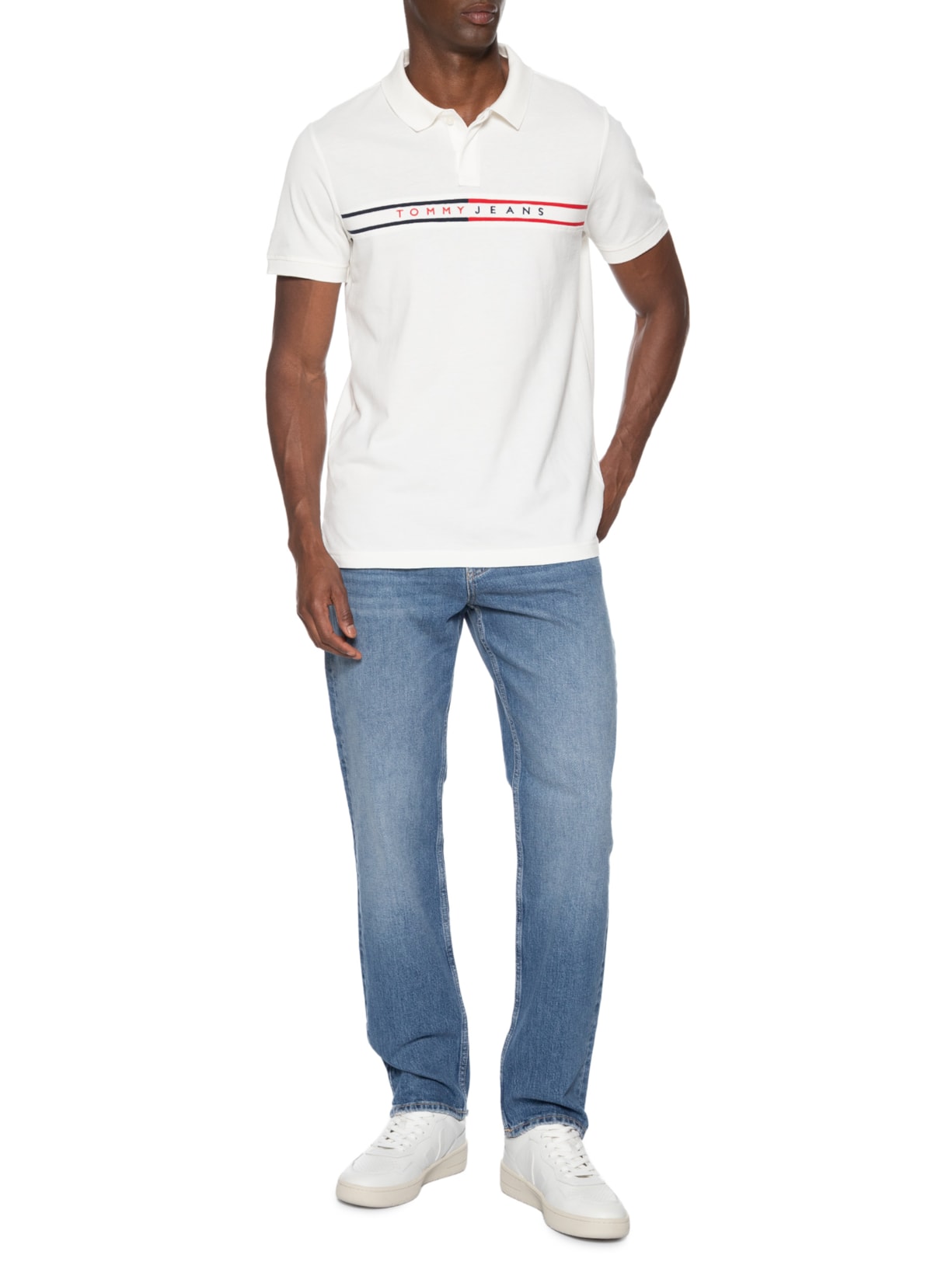 Polo Masculina Slim Fit Chest Flag Estampada Branco Tommy Jeans