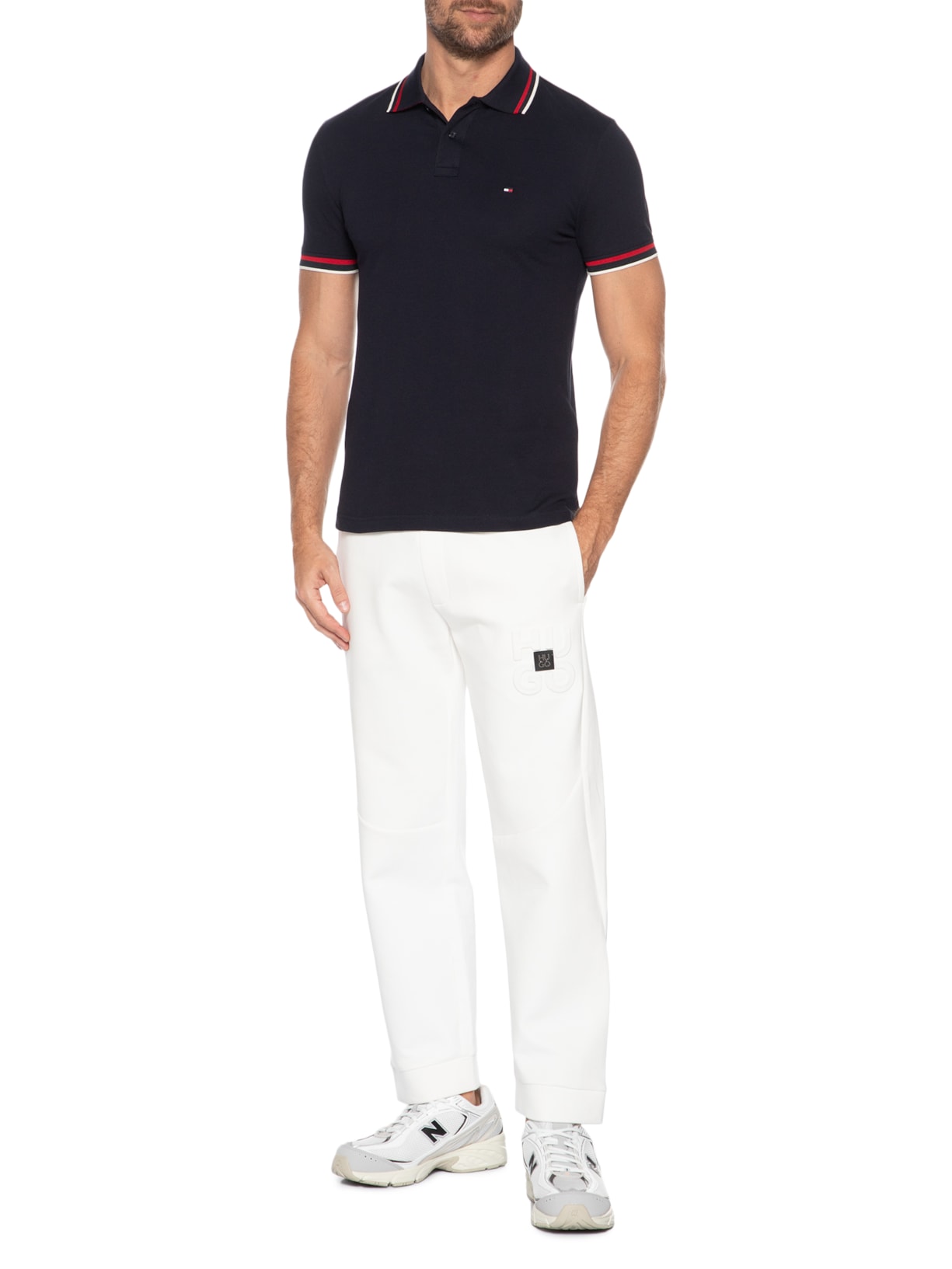 Polo Masculina Slim Fit Com Friso No Punho Azul Tommy Hilfiger