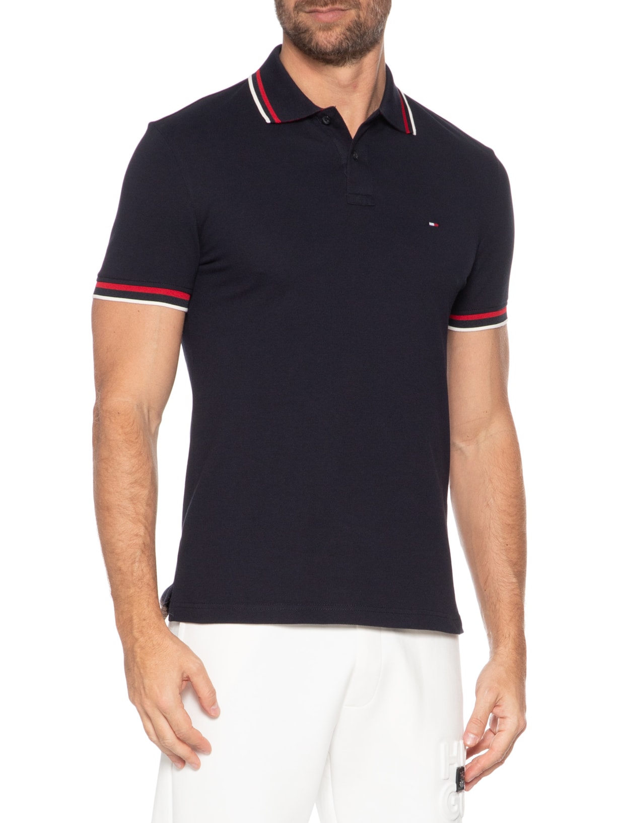 Polo Masculina Slim Fit Com Friso No Punho Azul Tommy Hilfiger