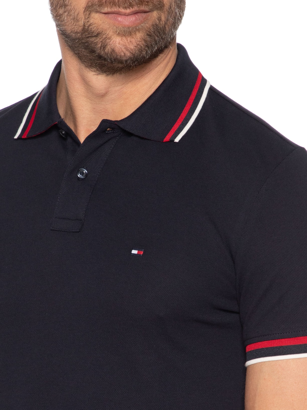 Polo Masculina Slim Fit Com Friso No Punho Azul Tommy Hilfiger