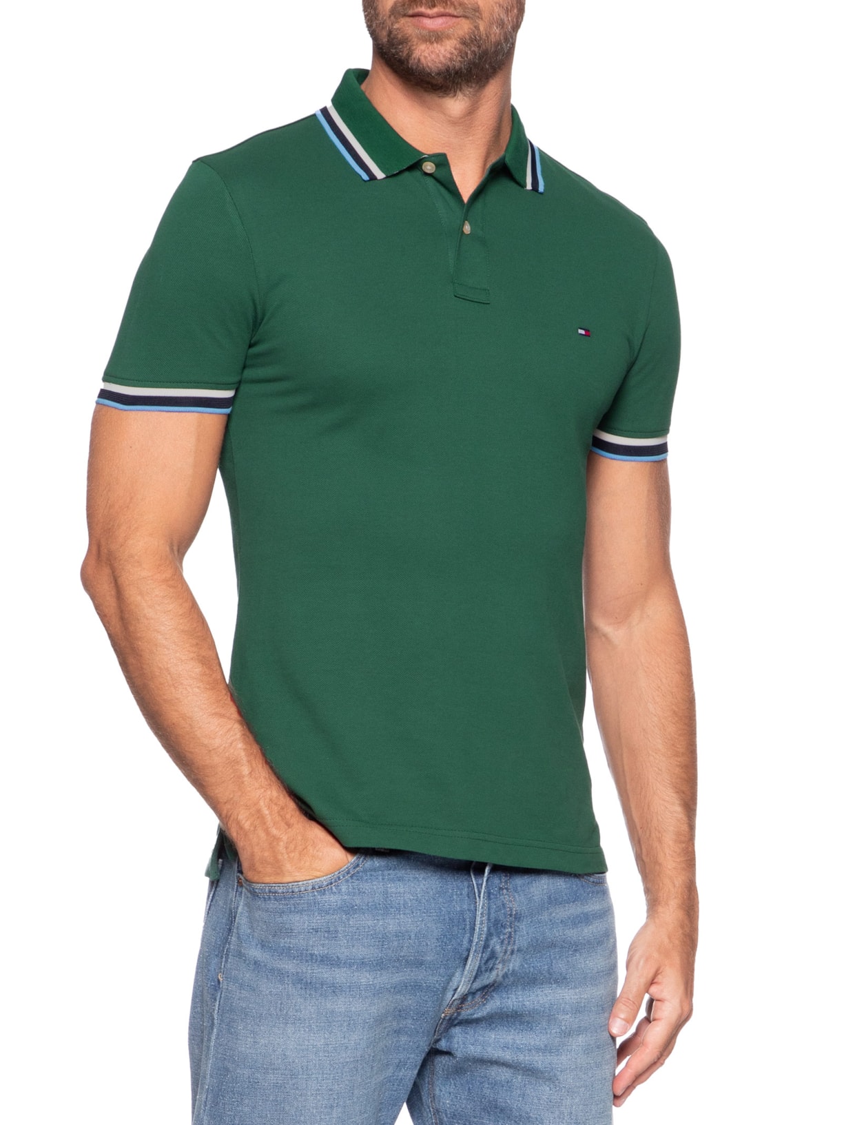 Polo Masculina Slim Fit Com Friso Verde Tommy Hilfiger