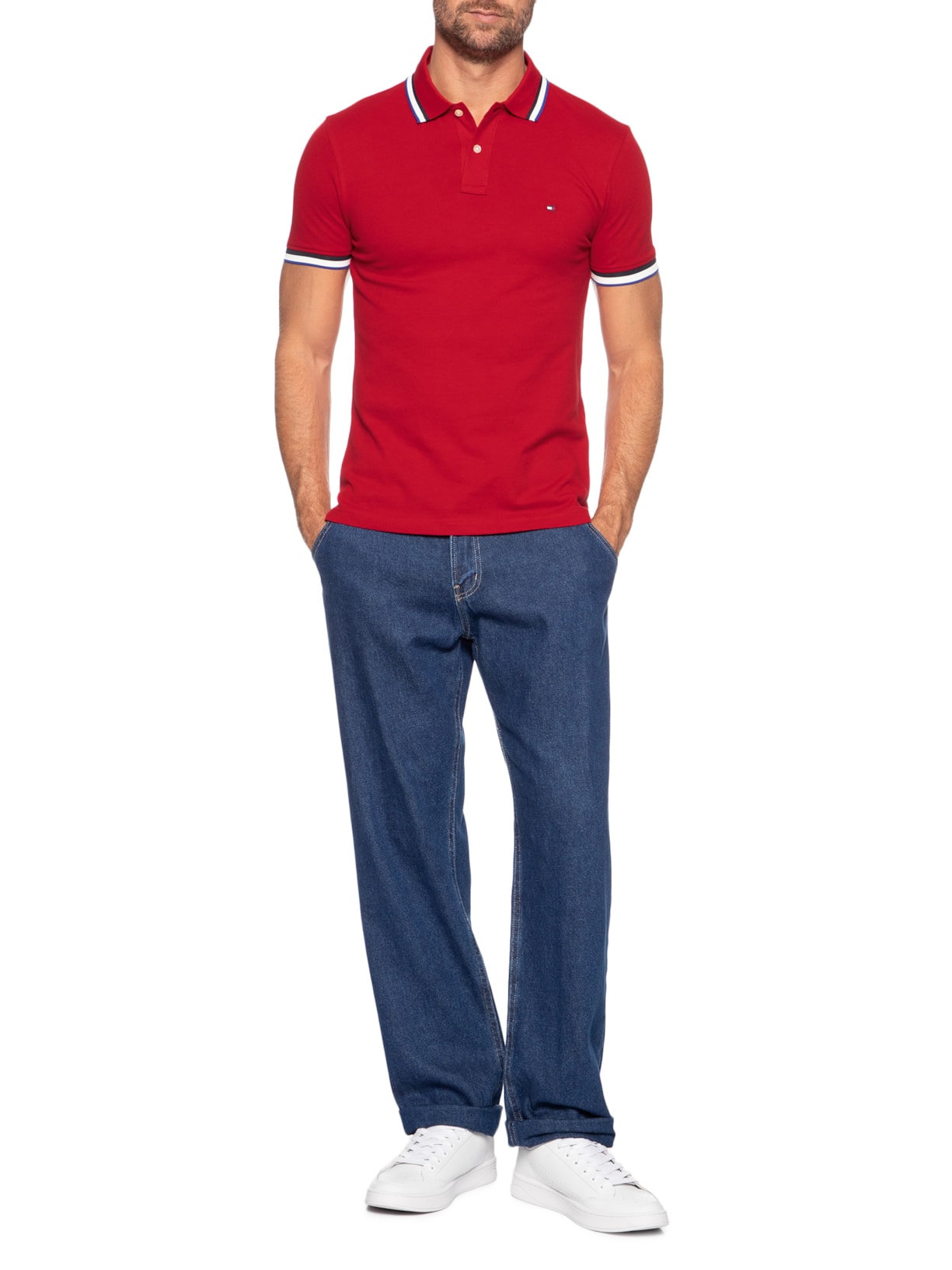 Polo Masculina Slim Fit Com Friso Vermelho Tommy Hilfiger
