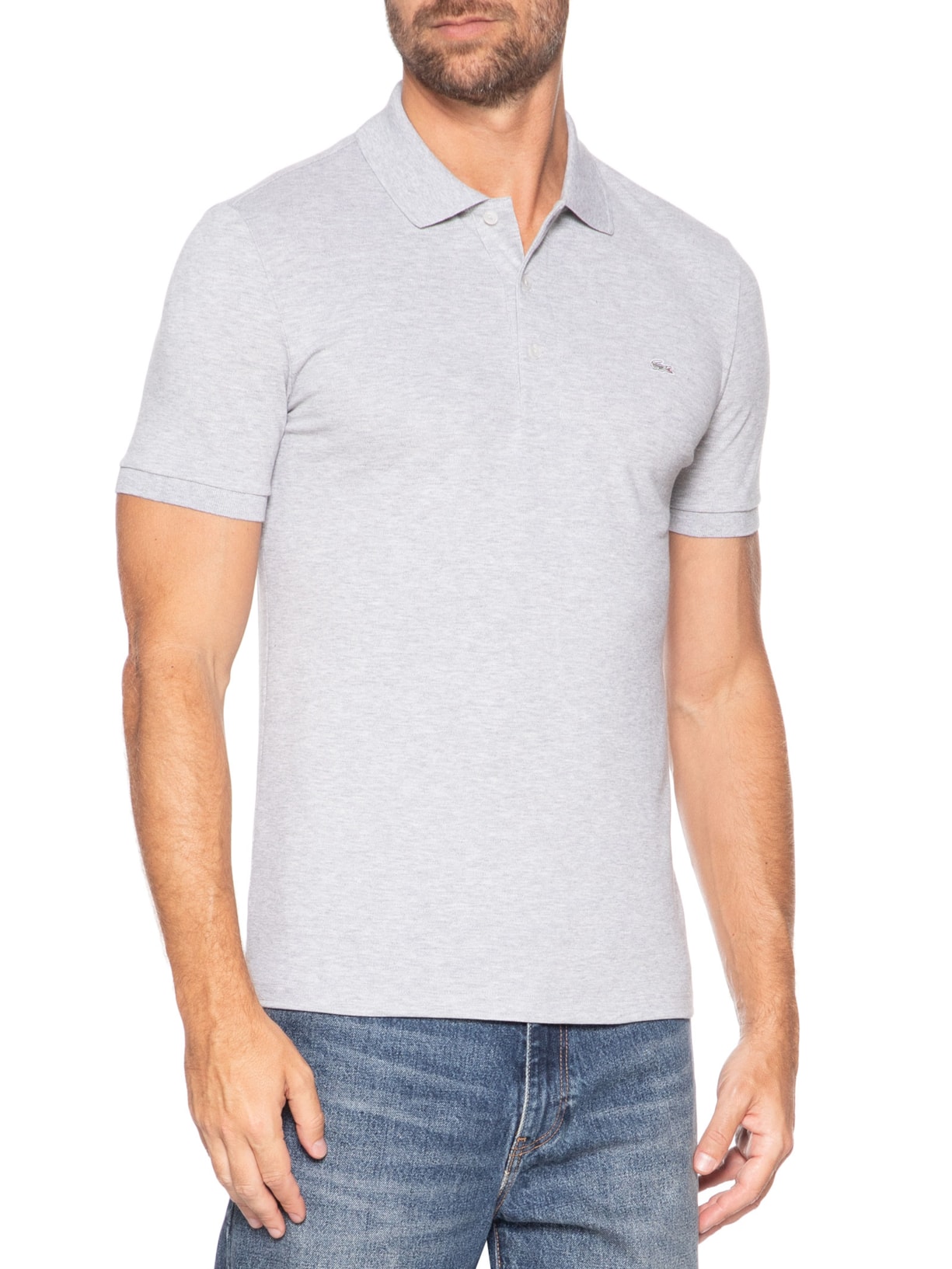 Polo Masculina Slim Fit Em Mini Piquet Stretch Cinza Lacoste