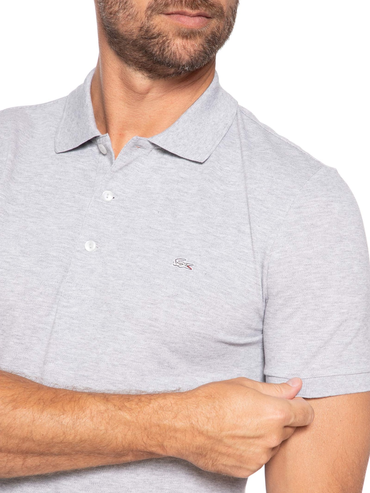 Polo Masculina Slim Fit Em Mini Piquet Stretch Cinza Lacoste