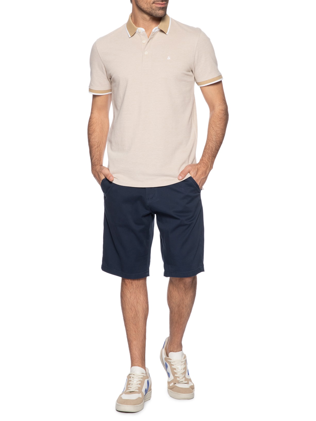Polo Masculina Slim Fit Em Piquet de Algodão Orgânico Bege Jack & Jones
