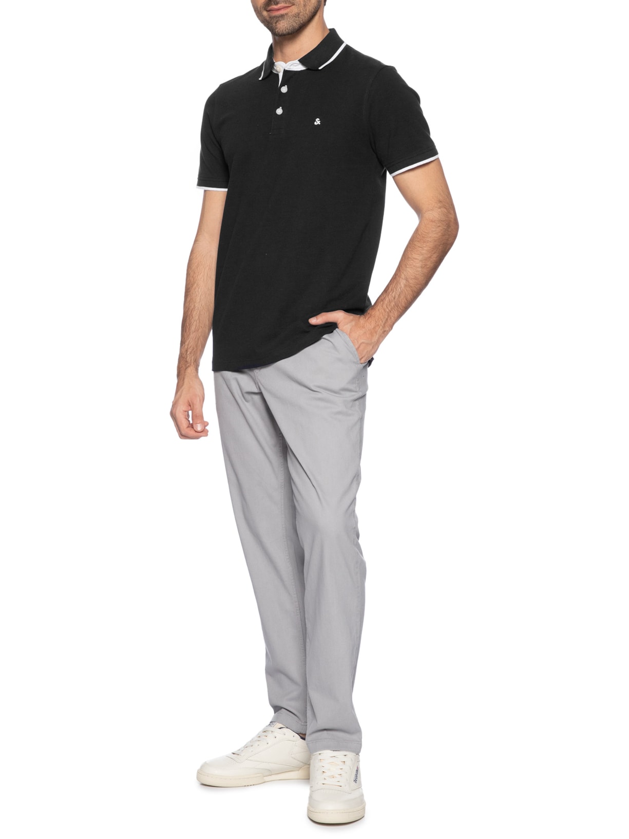 Polo Masculina Slim Fit Em Piquet De Algodão Orgânico Preto Jack & Jones