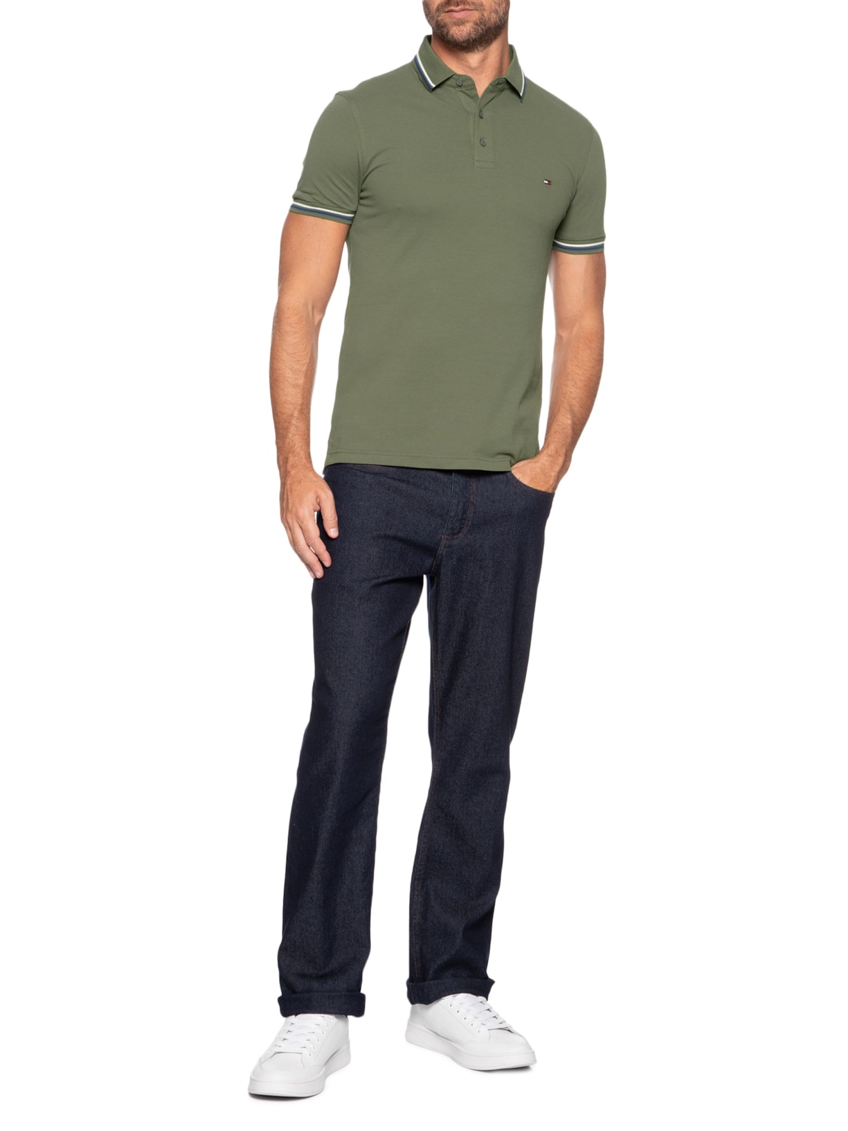 Polo Masculina Slim Fit Tipped Com Friso Verde Tommy Hilfiger