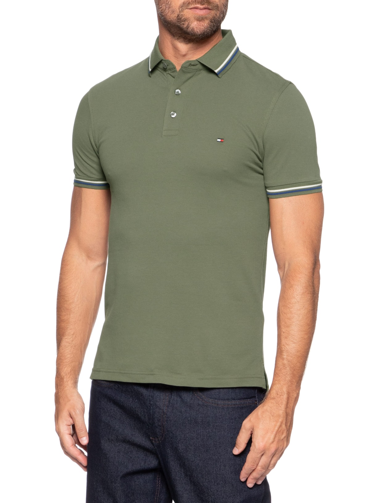 Polo Masculina Slim Fit Tipped Com Friso Verde Tommy Hilfiger