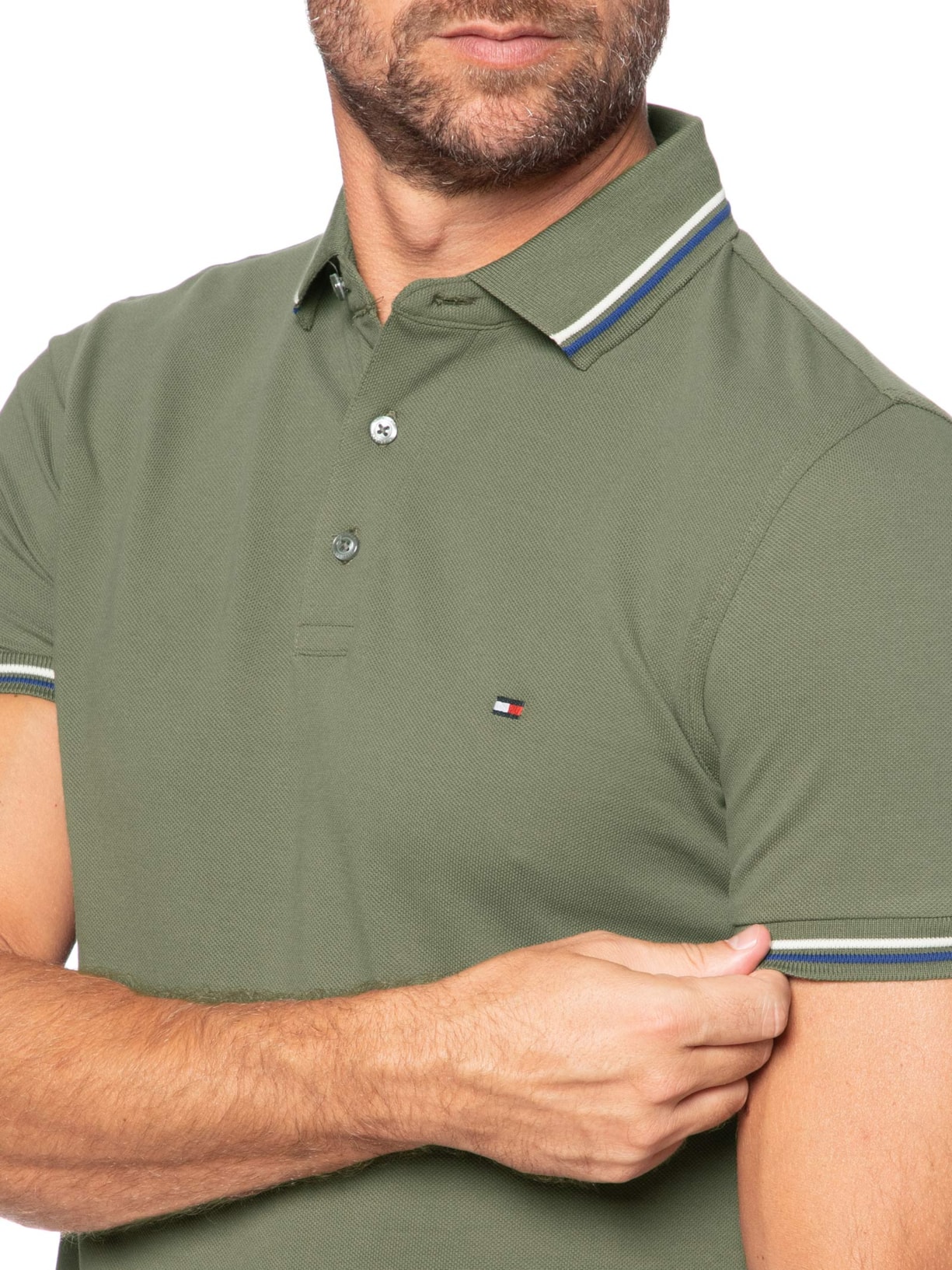 Polo Masculina Slim Fit Tipped Com Friso Verde Tommy Hilfiger