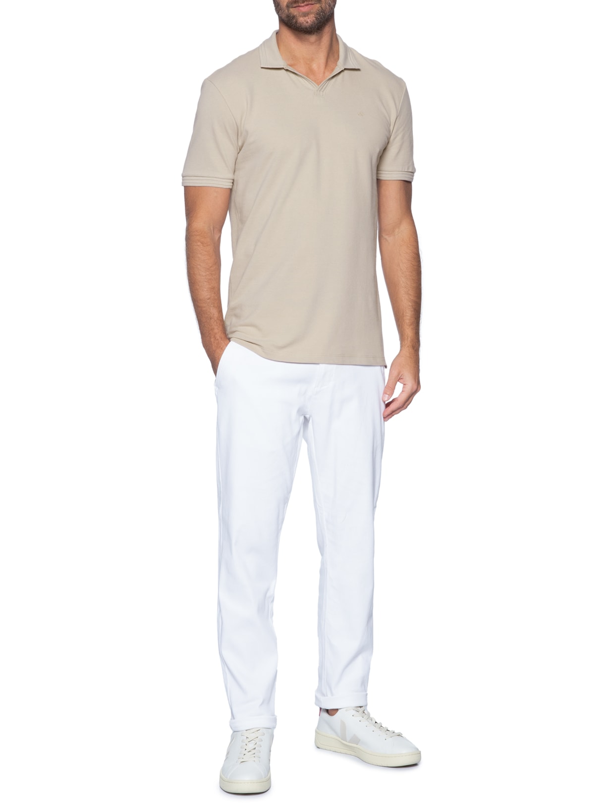 Polo Masculina Slim Gola Aberta Peitilho Bege Calvin Klein