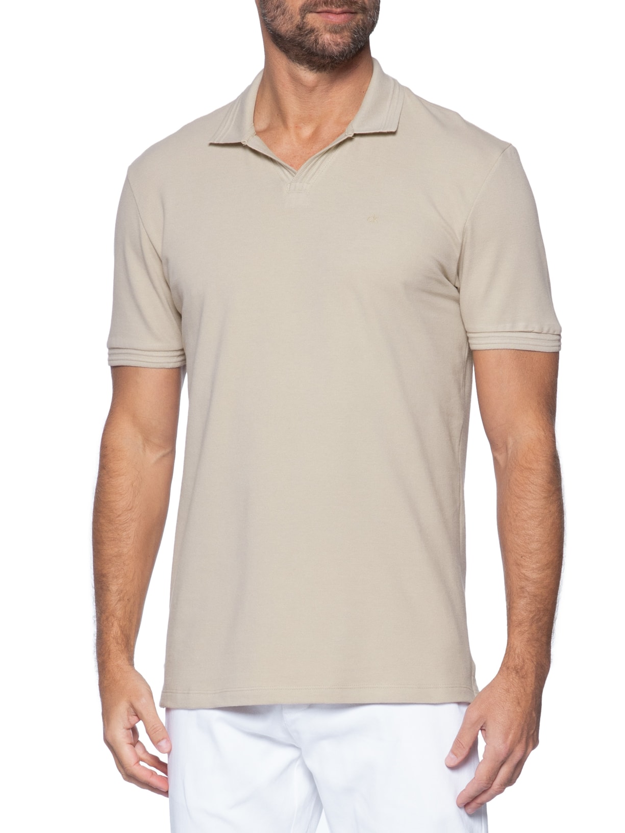Polo Masculina Slim Gola Aberta Peitilho Bege Calvin Klein