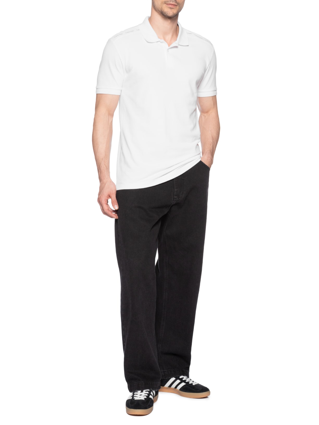 Polo Masculina Slim Recorte Logo Ombro Branco Calvin Klein - White Label