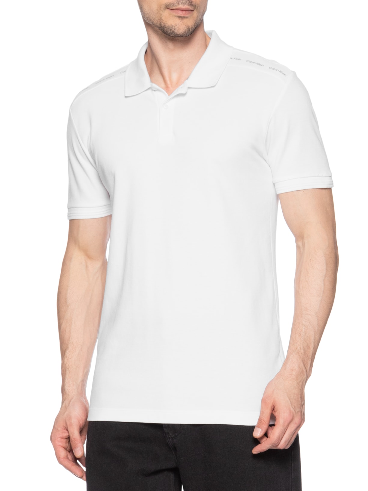 Polo Masculina Slim Recorte Logo Ombro Branco Calvin Klein - White Label