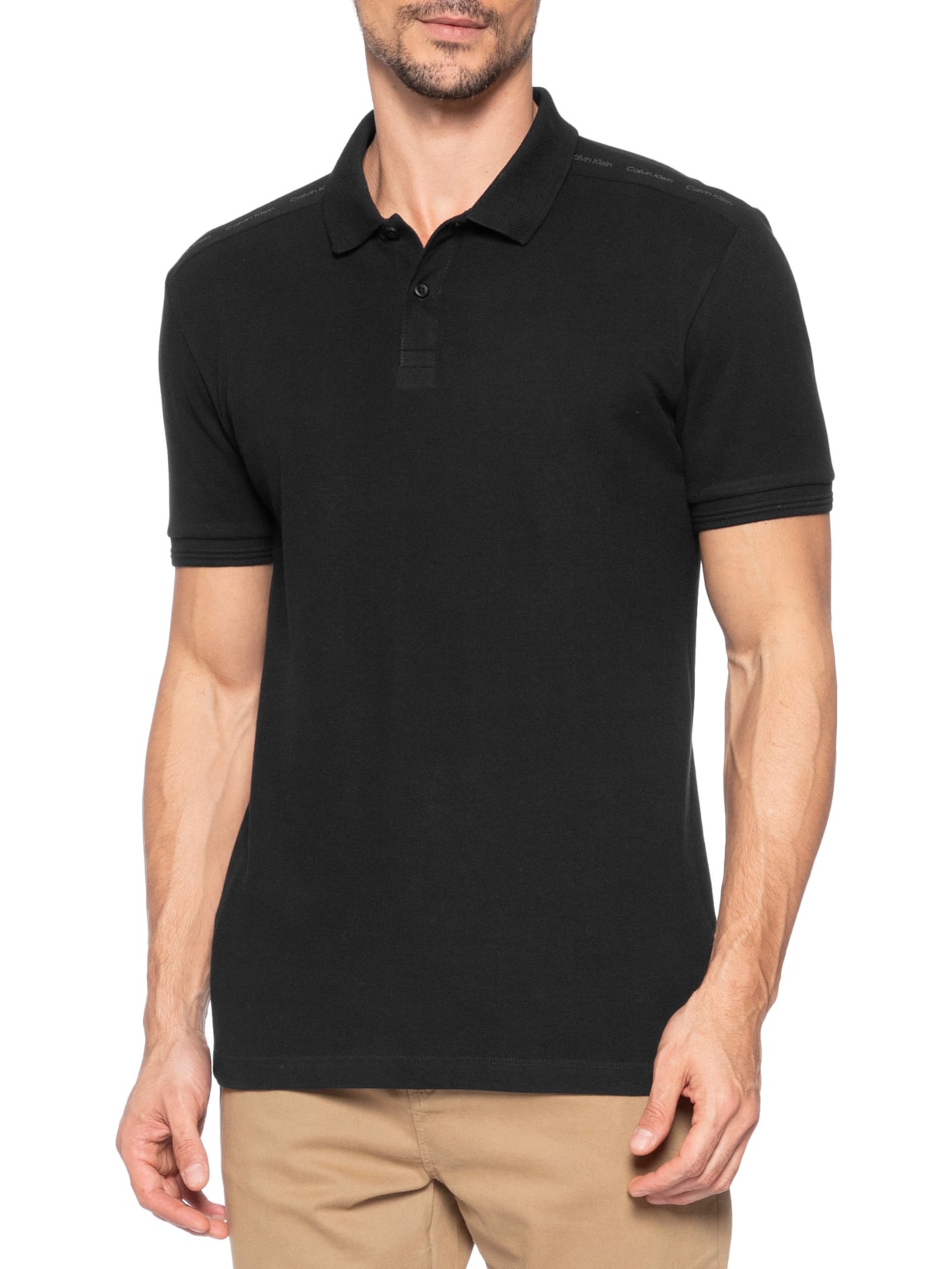 Polo Masculina Slim Recorte Logo Ombro Preto Calvin Klein