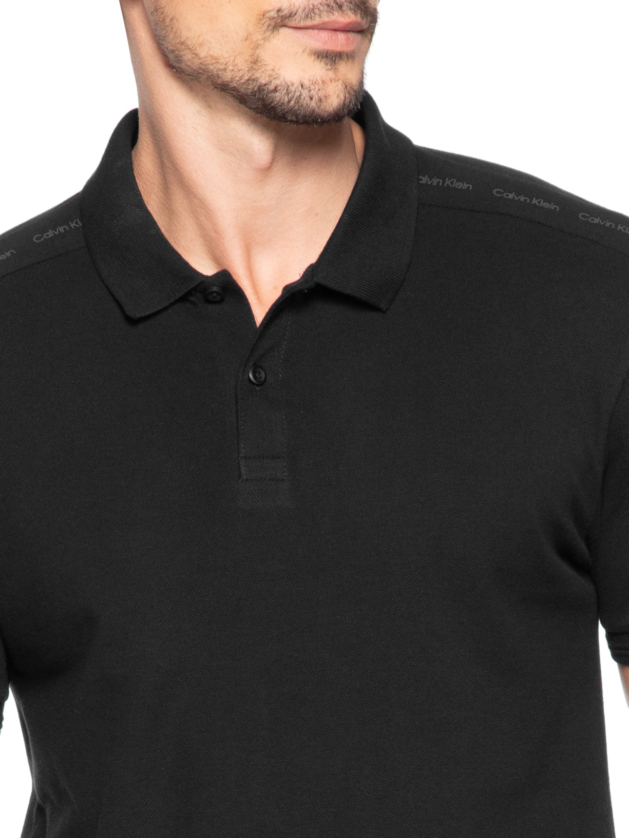 Polo Masculina Slim Recorte Logo Ombro Preto Calvin Klein