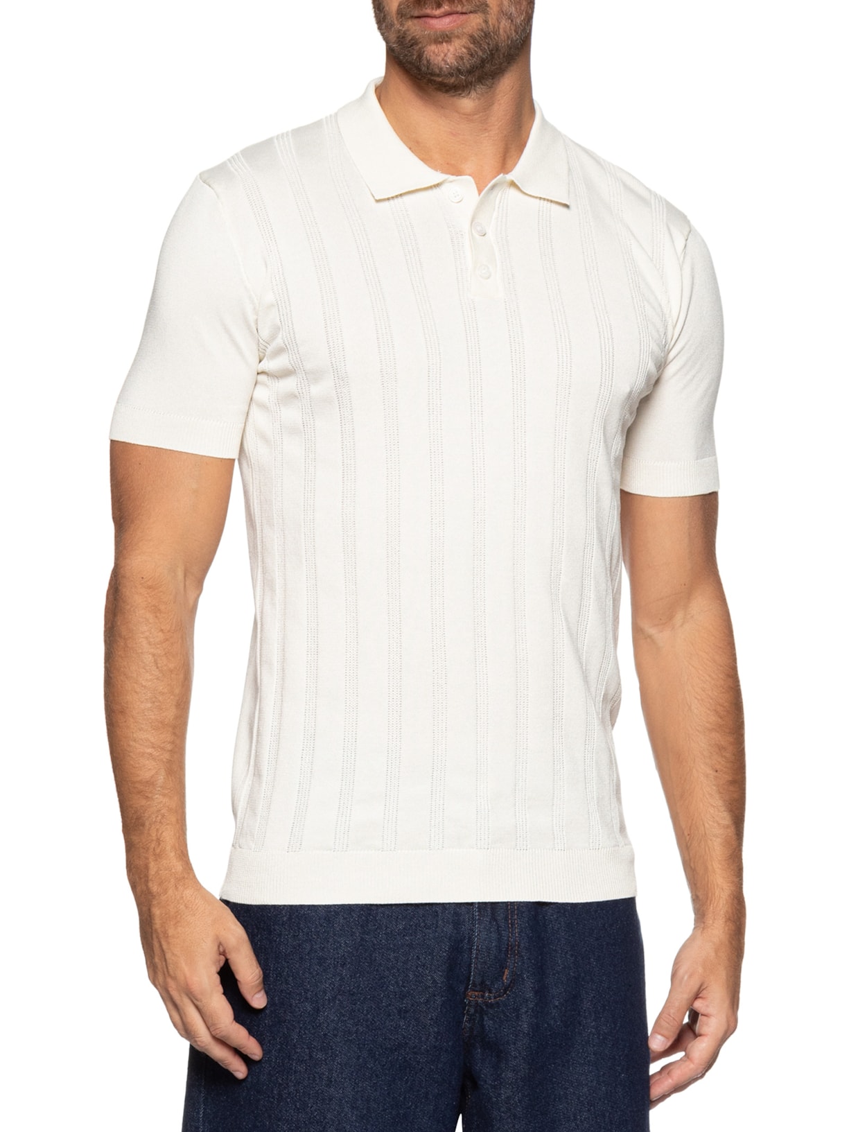 Polo Masculina Tricot Detalhes Off White Basiq Men