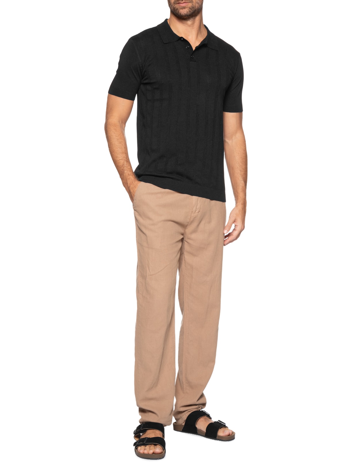 Polo Masculina Tricot Detalhes Preto Basiq Men