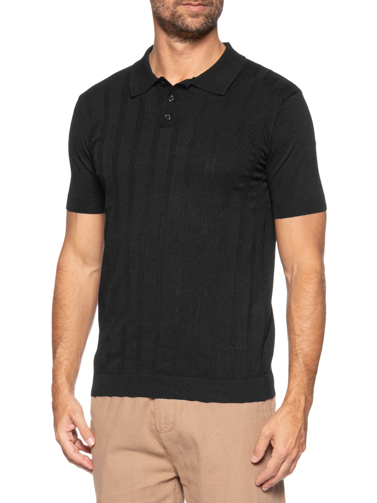 Polo Masculina Tricot Detalhes Preto Basiq Men