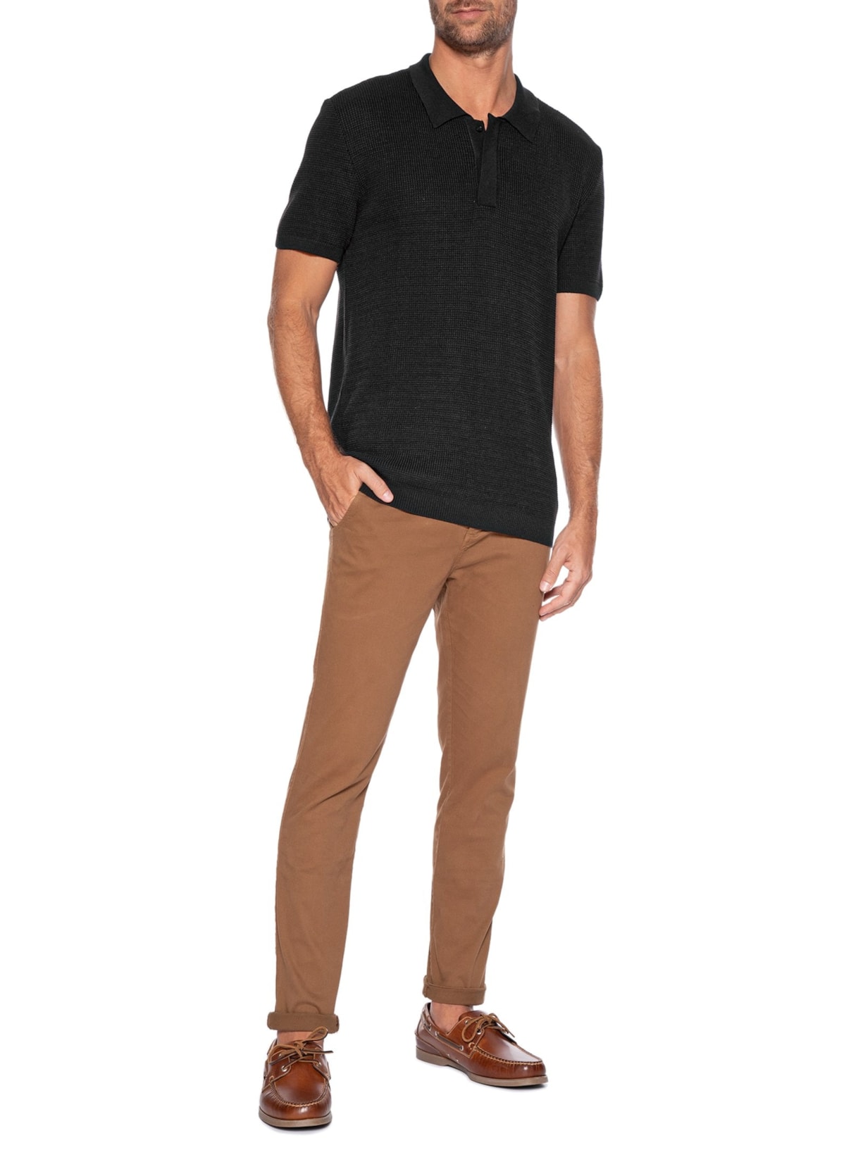 Polo Masculina Tricot Mini Waffle Preto Foxton