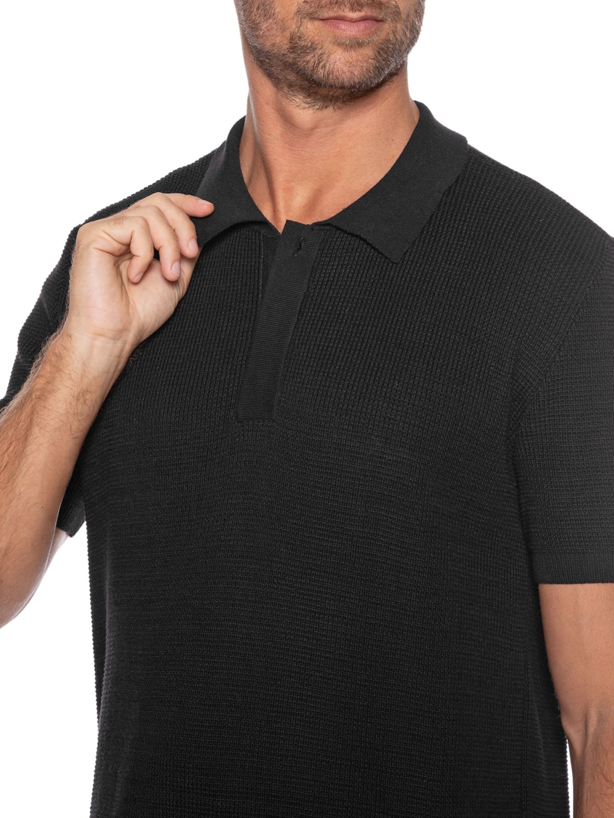 Polo Masculina Tricot Mini Waffle Preto Foxton