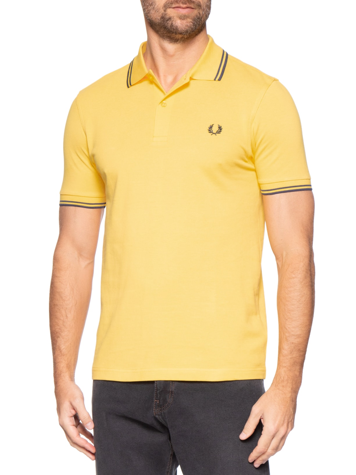 Polo Masculina Twin Tipped Regular Fit Em Piquet De Algodão Amarelo Fred Perry
