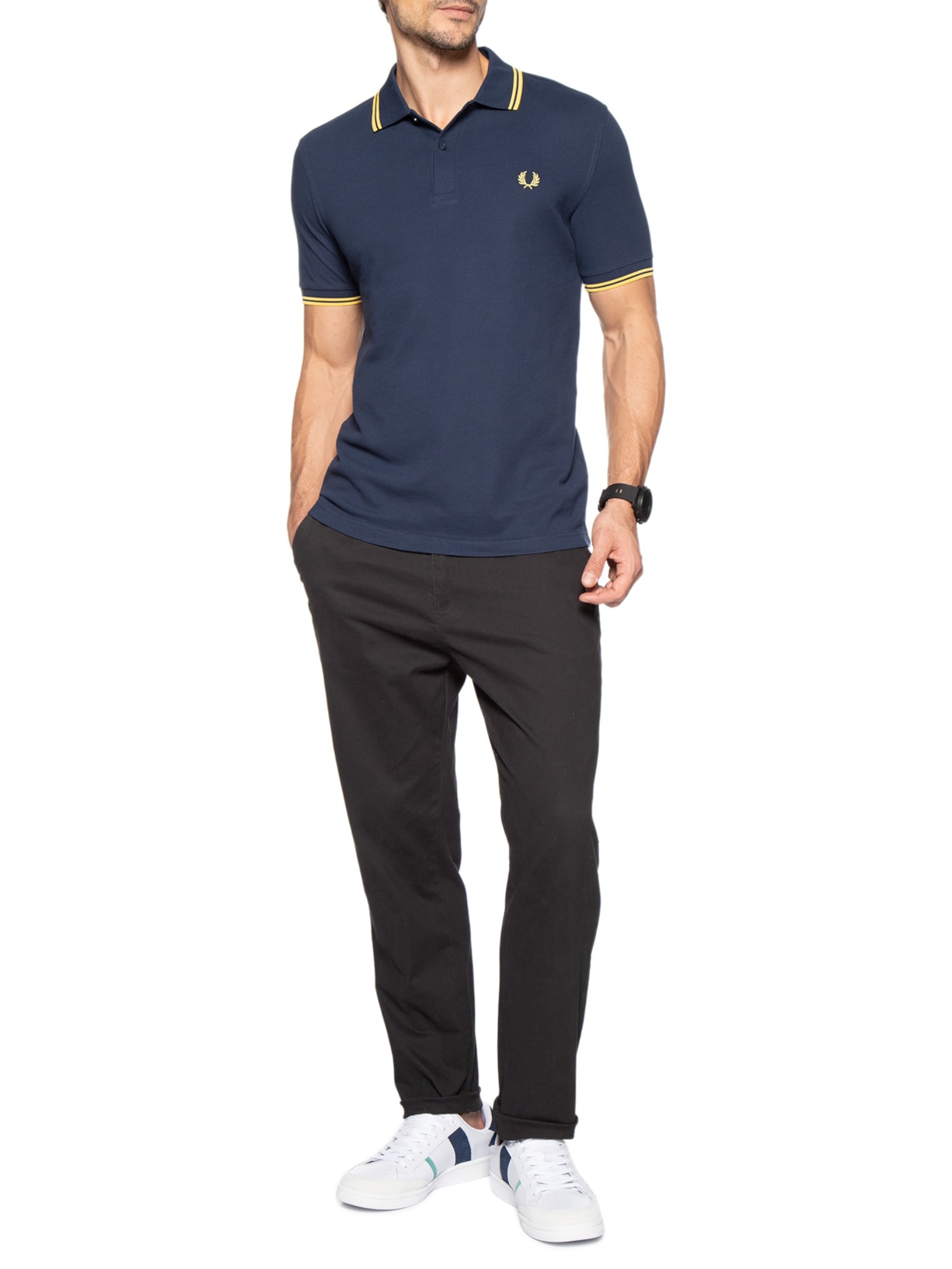Polo Masculina Twin Tipped Regular Fit Em Piquet De Algodão Azul Fred Perry
