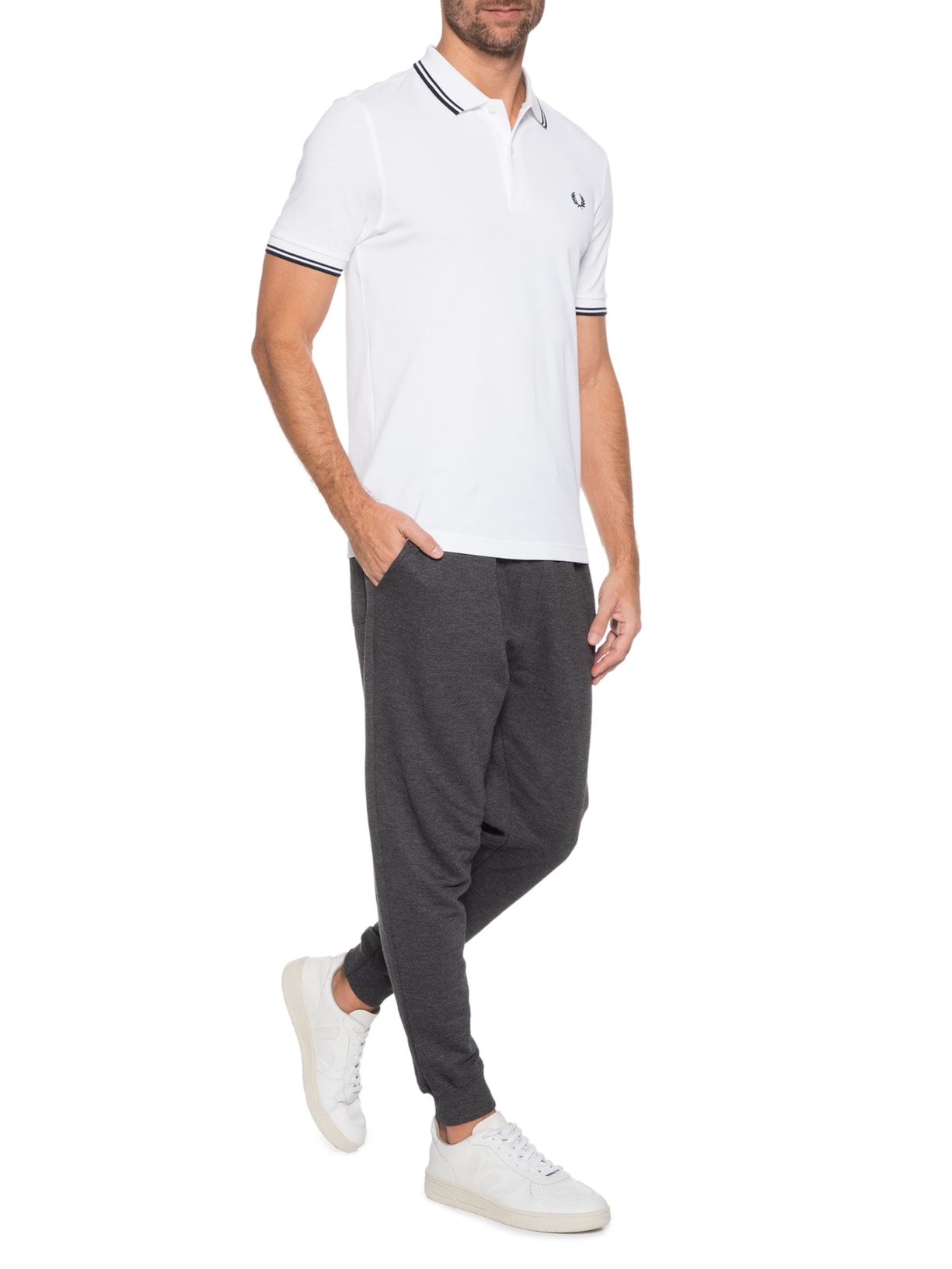 Polo Masculina Twin Tipped Regular Fit Em Piquet De Algodão Branco Fred Perry