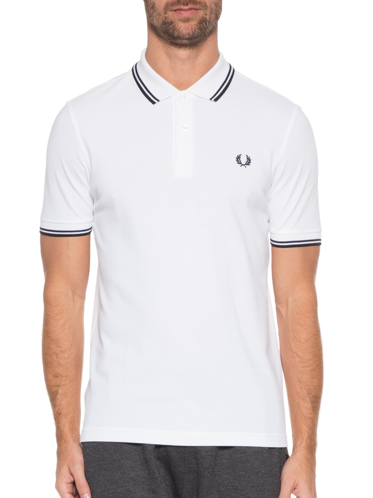 Polo Masculina Twin Tipped Regular Fit Em Piquet De Algodão Branco Fred Perry