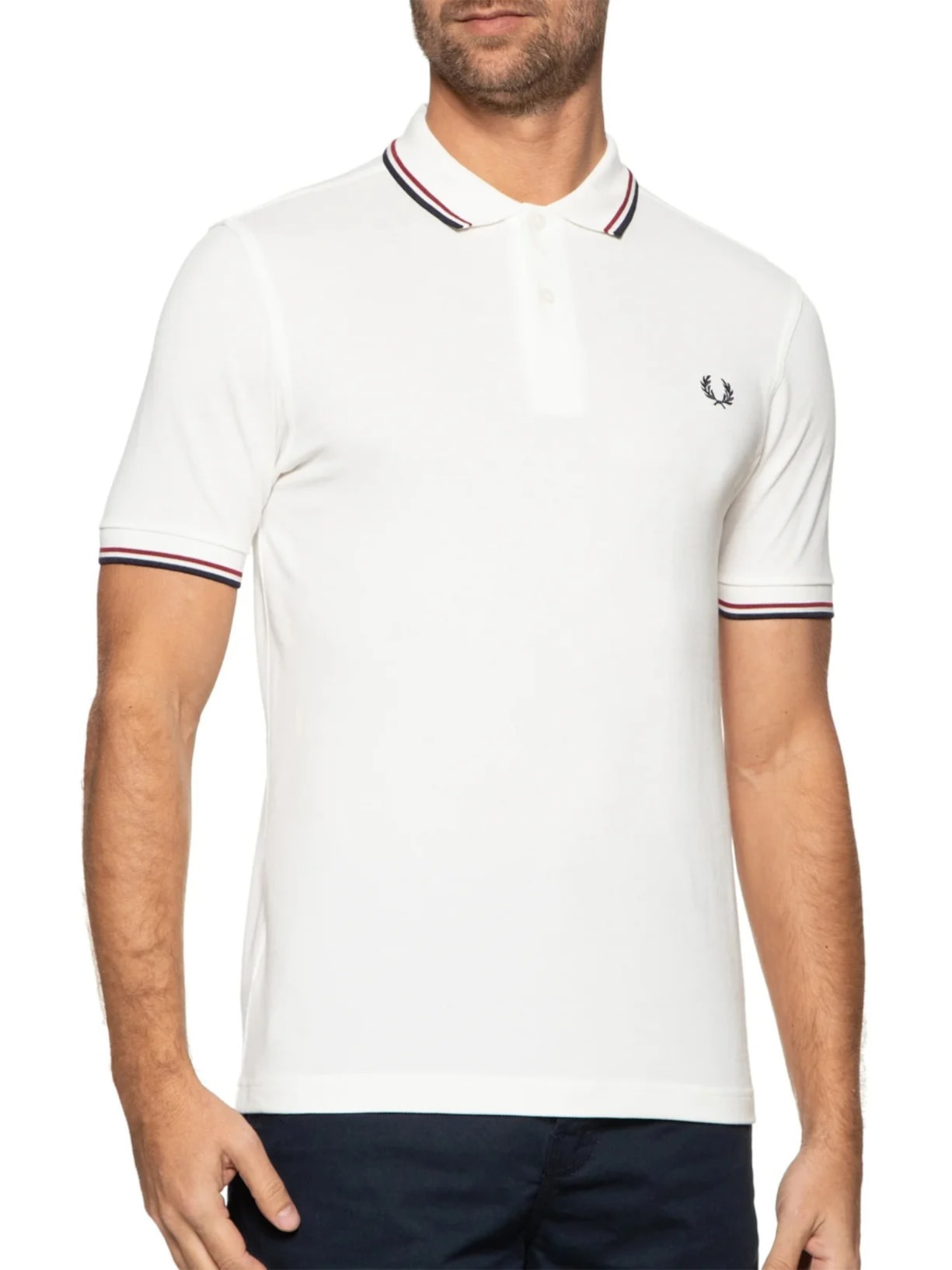 Polo Masculina Twin Tipped Regular Fit Em Piquet De Algodão- Branco Fred Perry