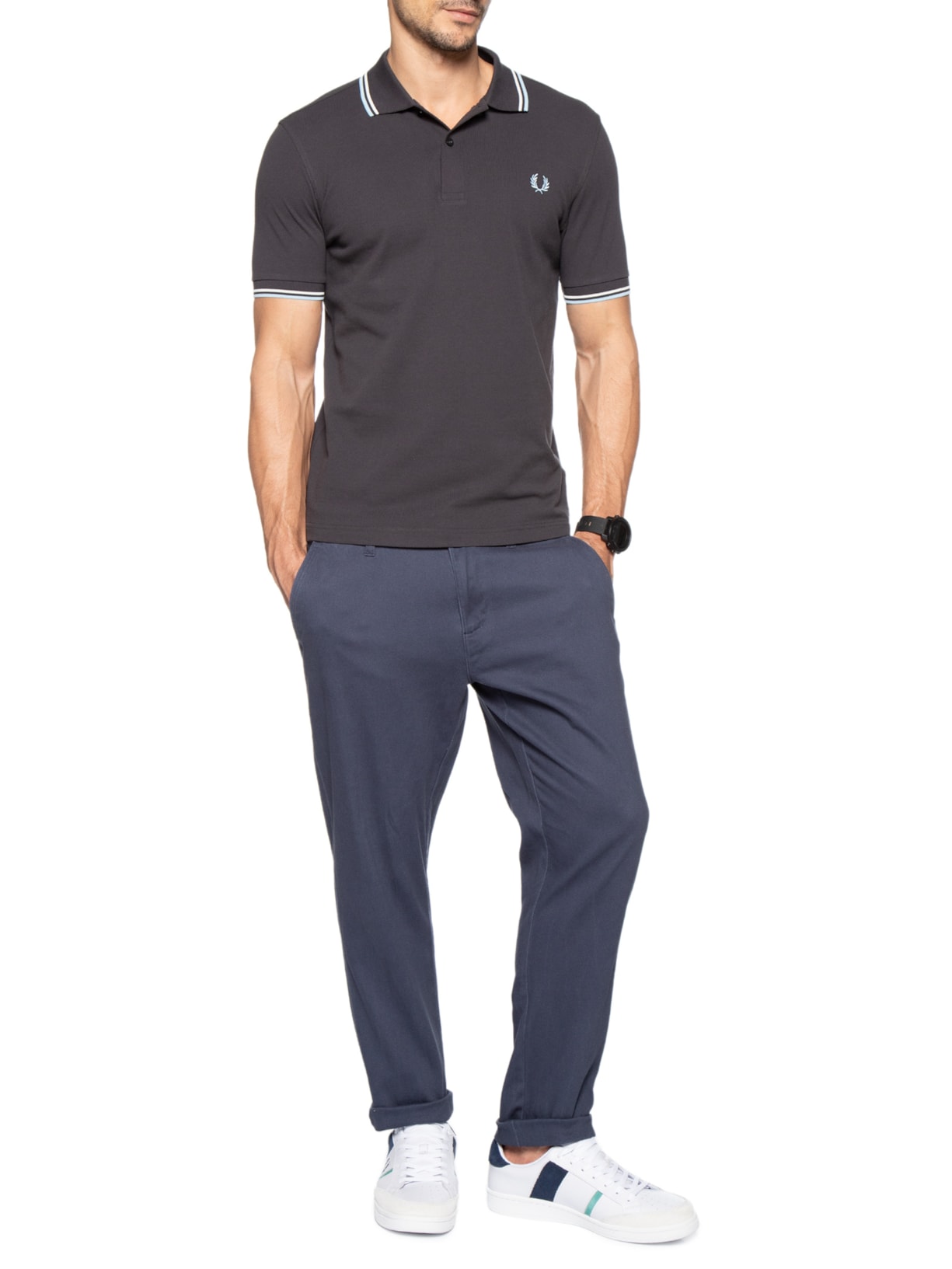 Polo Masculina Twin Tipped Regular Fit Em Piquet De Algodão Cinza Fred Perry