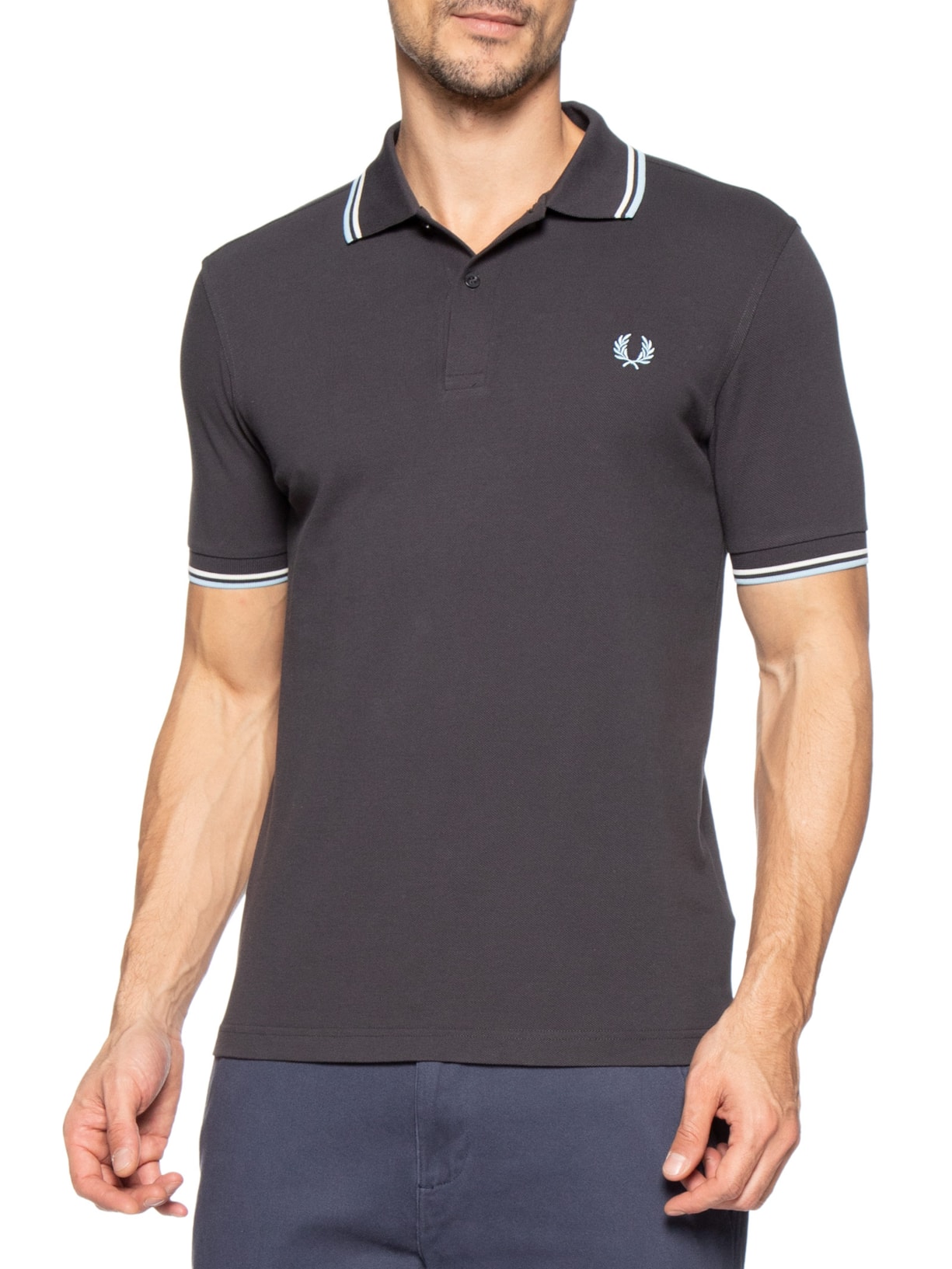 Polo Masculina Twin Tipped Regular Fit Em Piquet De Algodão Cinza Fred Perry