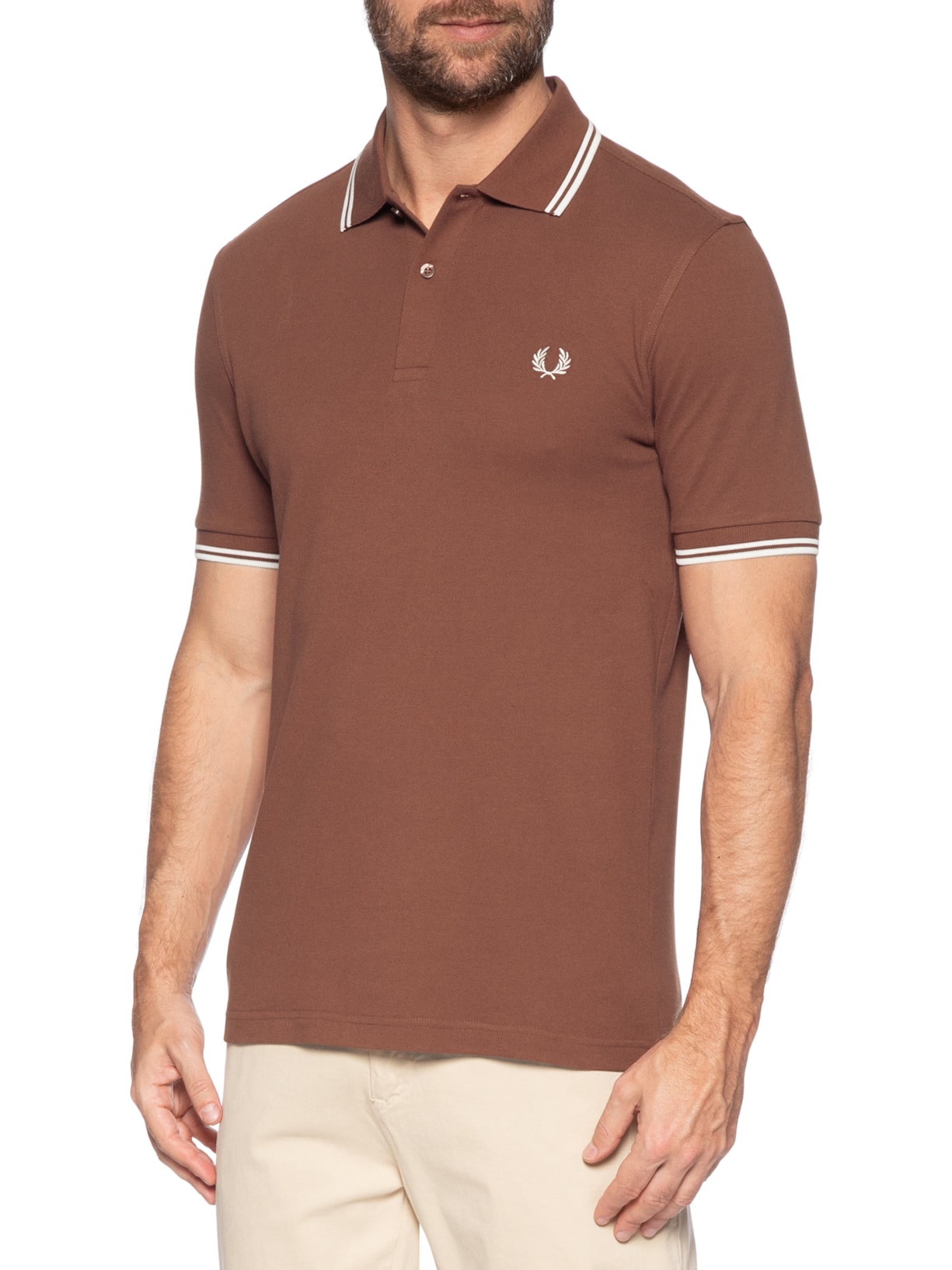 Polo Masculina Twin Tipped Regular Fit Em Piquet de Algodão Marrom Fred Perry