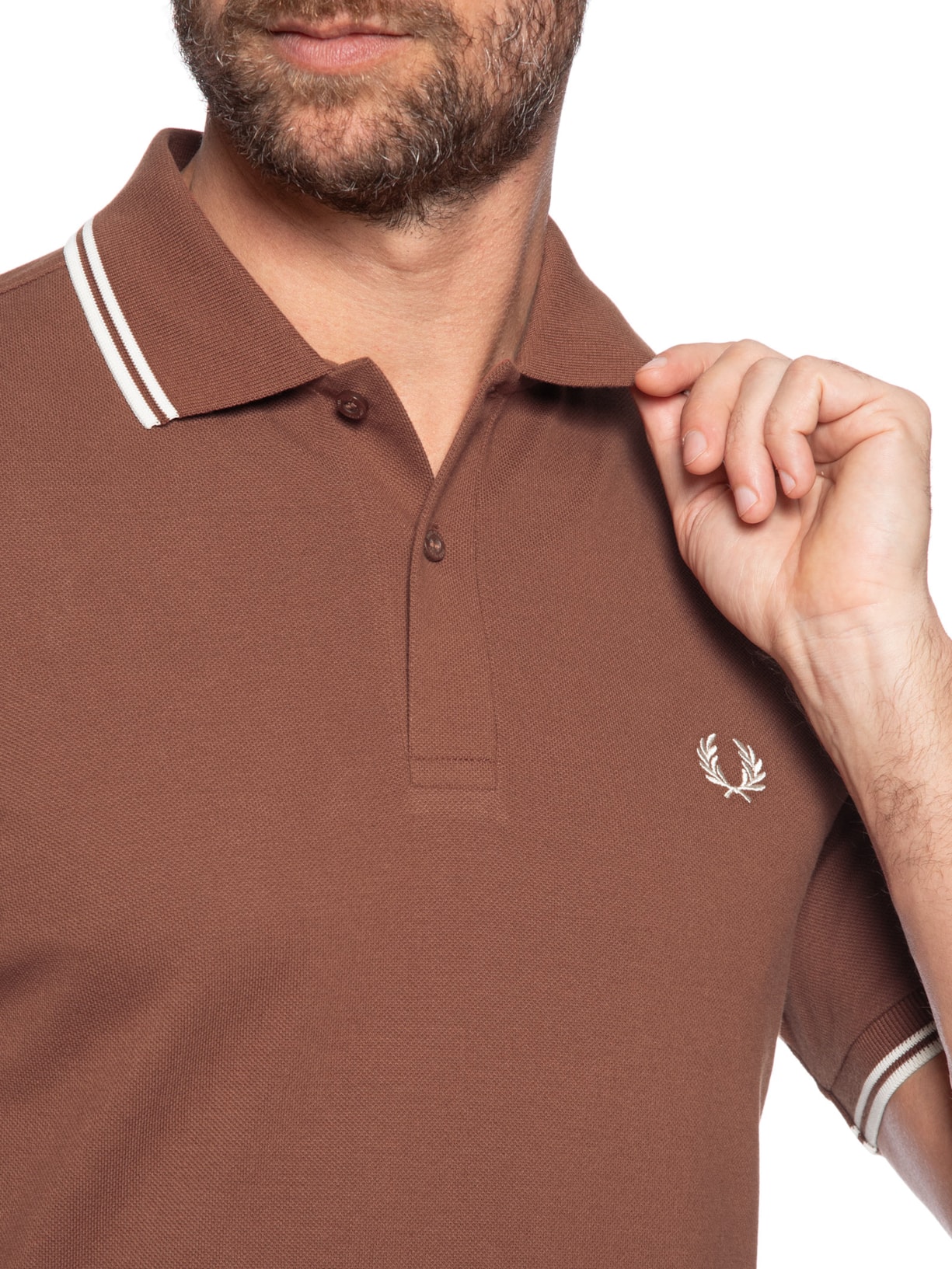 Polo Masculina Twin Tipped Regular Fit Em Piquet de Algodão Marrom Fred Perry