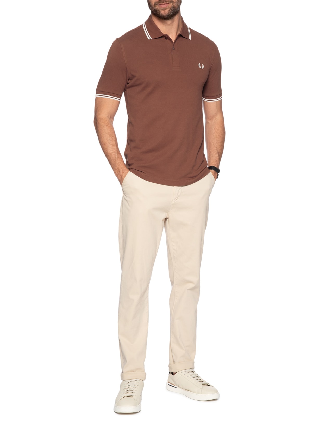 Polo Masculina Twin Tipped Regular Fit Em Piquet de Algodão Marrom Fred Perry
