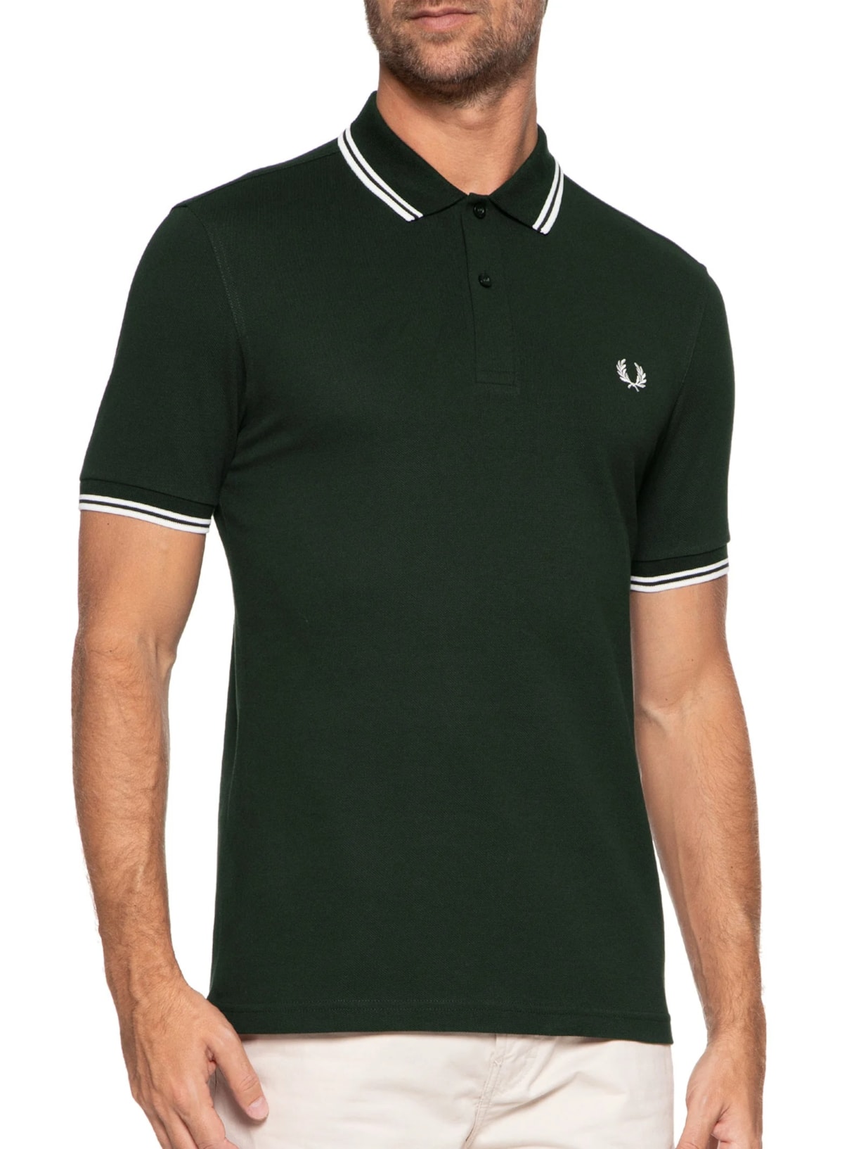 Polo Masculina Twin Tipped Regular Fit Em Piquet De Algodão Verde Fred Perry