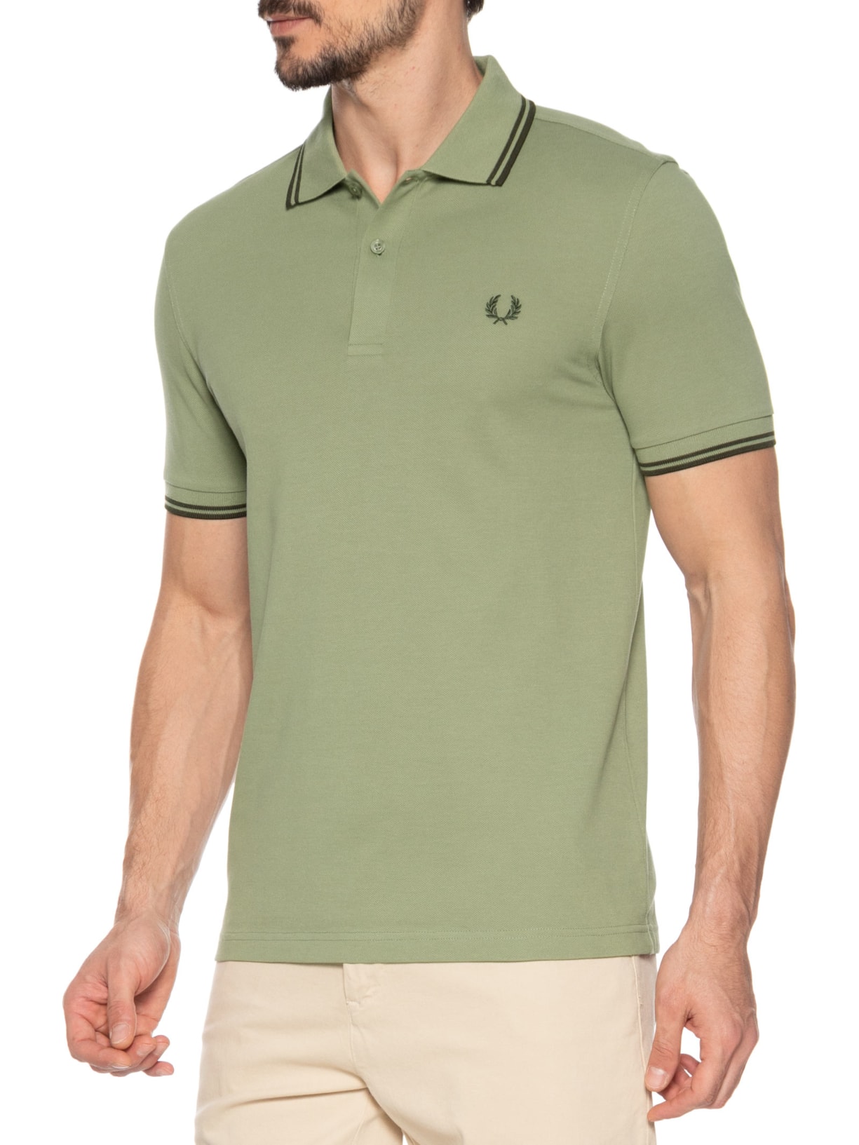 Polo Masculina Twin Tipped Regular Fit Em Piquet De Algodão Verde Fred Perry