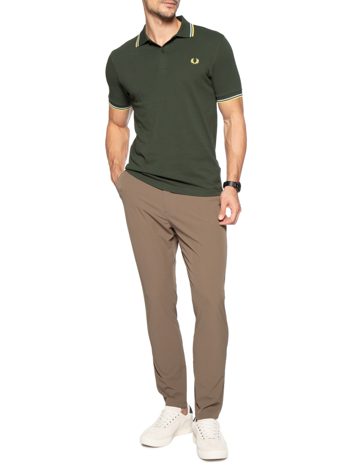 Polo Masculina Twin Tipped Regular Fit Em Piquet De Algodão Verde Fred Perry