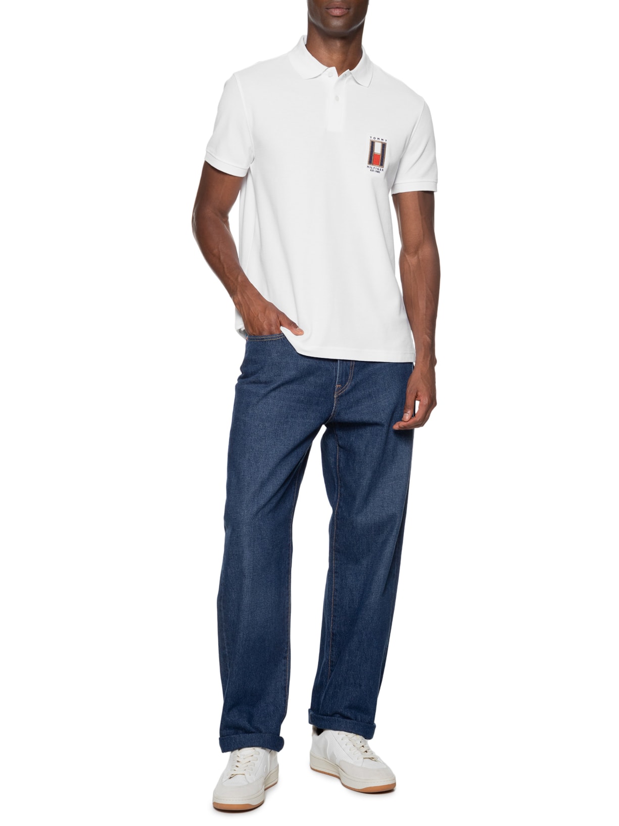 Polo Masculina Vertical Flag Regular Branco Tommy Hilfiger