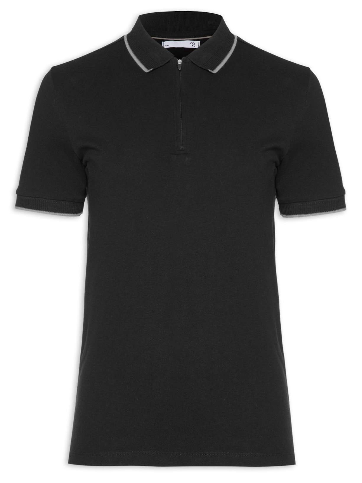 Polo Masculina Zíper Com Detalhe Em Fris - Preto