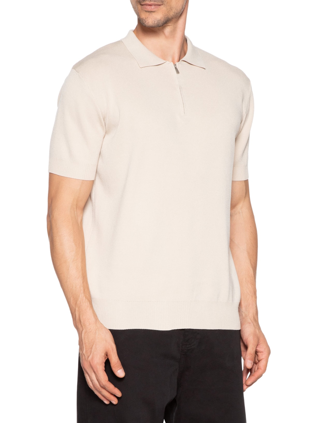 Polo Masculina Zíper Em Tricot Bege '2 Essential