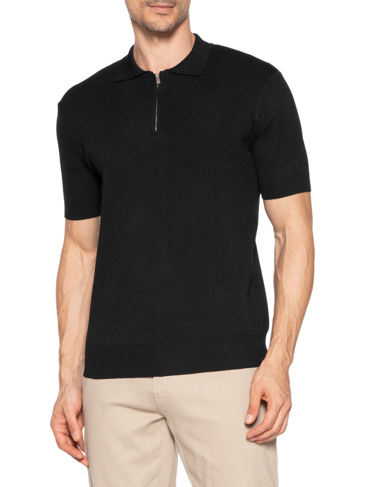 Polo Masculina Zíper Em Tricot Preto '2 Essential